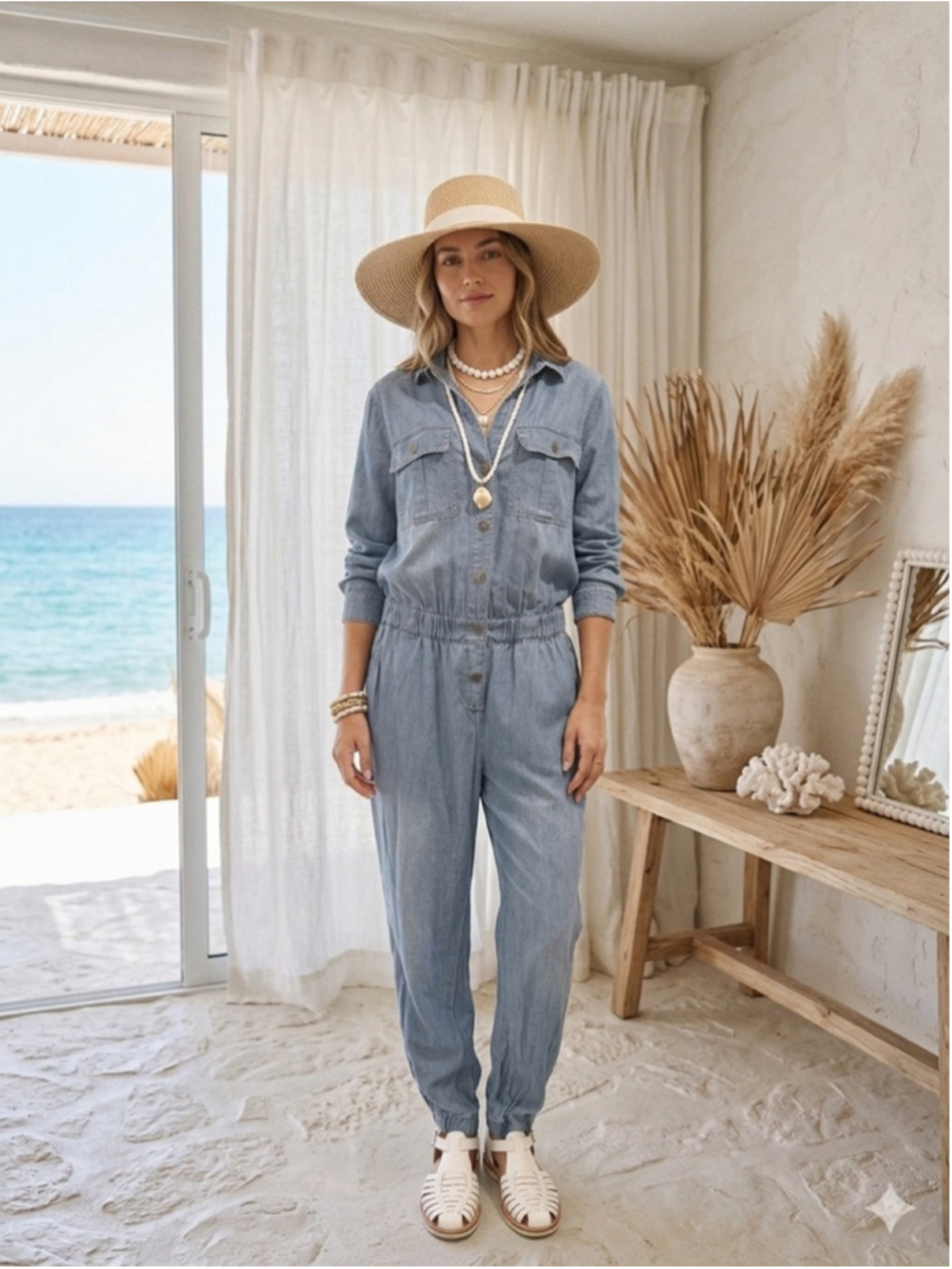 Ashley Stewart Denim Jumpsuit 14 Romper Overall Long Sleeve Elastic Waist Blue